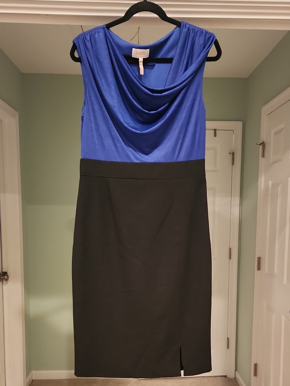Laundry By Shelli Segal Royal Blue and Black Draped Sheath Midi Dress